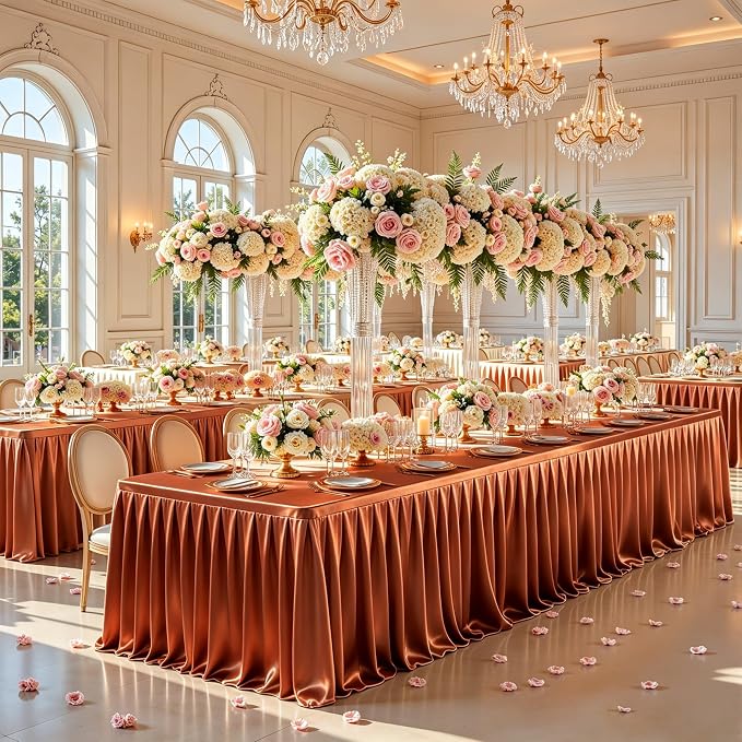 1 Pack Terracotta Satin Tablecloths Rectangle 6FT, Glitter Spandex Fitted Stretch Table Covers Wrinkle-Free Floor Length Shimmer Table Skirt for Weddings Parties Baby Shower Banquets Vendor Events