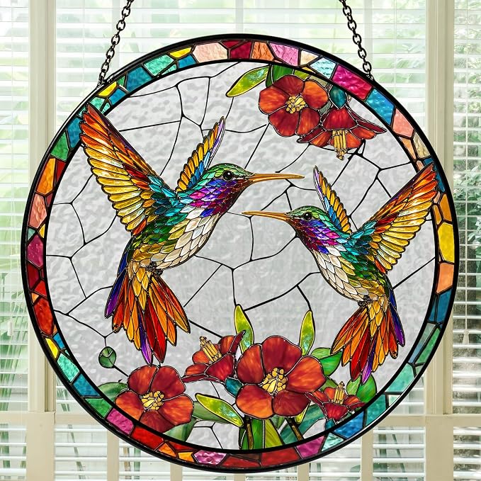 Humming Bird Stained Glass Suncatcher 6x6'' – Hummingbird Gifts for Women, Home Decor, Birthday, Christmas