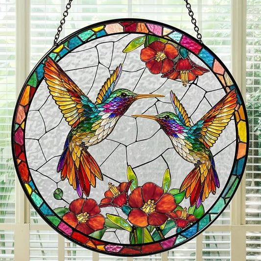 Humming Bird Stained Glass Suncatcher 6x6'' – Hummingbird Gifts for Women, Home Decor, Birthday, Christmas
