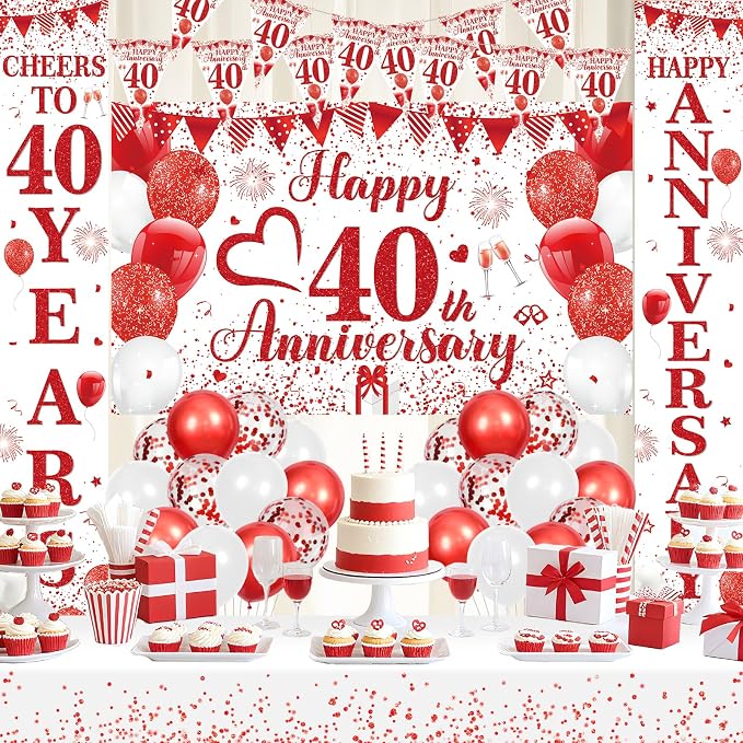 Red Happy 40th Anniversary Decorations for Men Women, Red White 40th Wedding Anniversary Party Decorations Banner, Porch Banner, Triangle Flag, Tablecloth and Balloons Kit Party Supplies