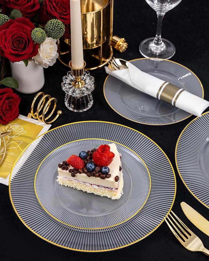 Hioasis 60pcs Clear and Gold Plastic Plates - Clear Disposable Dinnerware Set, 30pcs Dinner 10in & 30pcs Dessert 7in Plates with Striped Designs for Party & Wedding