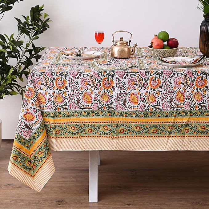 Hand Block Printed Tablecloth, Colorful Floral Print, Indian Artisan Handmade Art, Dining Room, Kitchen, Outdoor Décor, (Yellow Sunflower, 10 Seater 72 x 118 Inches Rectangle)