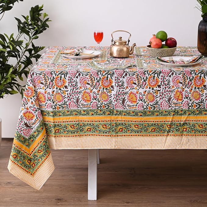 Hand Block Printed Tablecloth – Colorful Floral Print | 100% Cotton | Indian Artisan Handmade Art | Dining Room, Kitchen, Outdoor Décor, (Yellow Sunflower, 60 x 60 Inches Square)