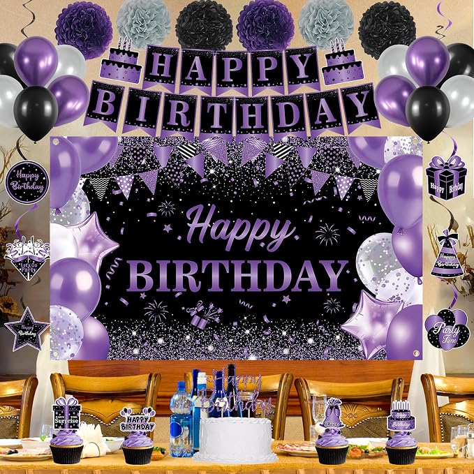 DARUNAXY Purple Birthday Party Decorations Set | Happy Birthday Banner & Sash, Balloons Pom Poms Cake Topper Hanging Swirl Decor, Birthday Gifts Party Supplies for Women Girl