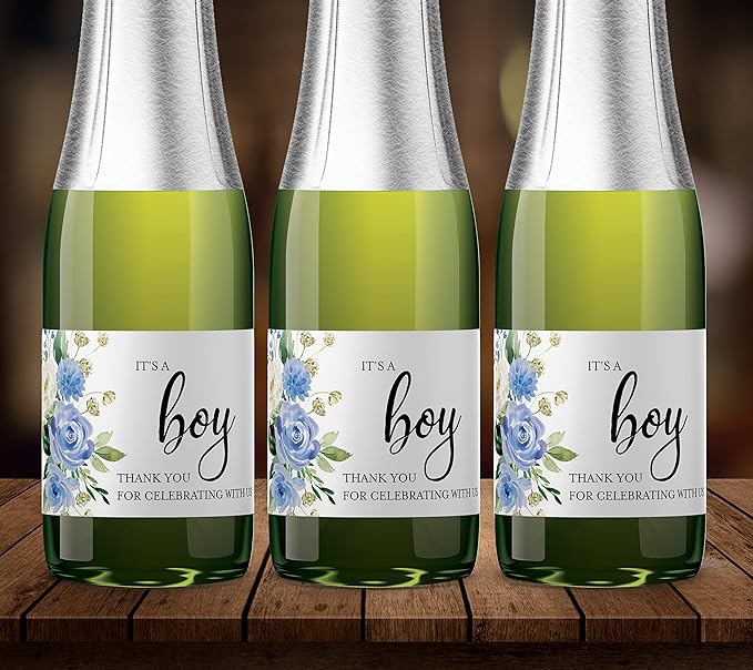 It’s a Boy Mini Champagne Bottle Labels ● Set of 12 ● She’s Ready to POP Baby Shower Favor Label, About to POP Thank You Favors, Blue Boy Baby Shower Gender Reveal Waterproof (Blooms)