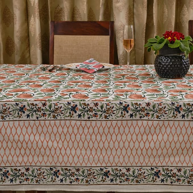 Ridhi Burnt Orange Hand Block Print Cotton Rectangle Tablecloth 120" x 80" inches Reusable Table Cover Decorative Everyday Use for Dining Room, Farmhouse, Home Gift for Spring, Mother's Day