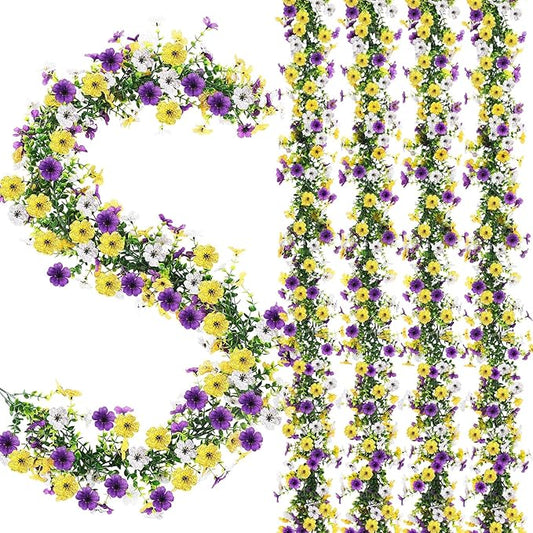 4 Pcs 6 ft Artificial Flowers Wisteria Garland-Total 24 ft Fake Hanging Wisteria Flowers Green Vines Garlands, Faux Flower Daisy with Eucalyptus Leaves for Garden Decor (Mixed 3 Colors)