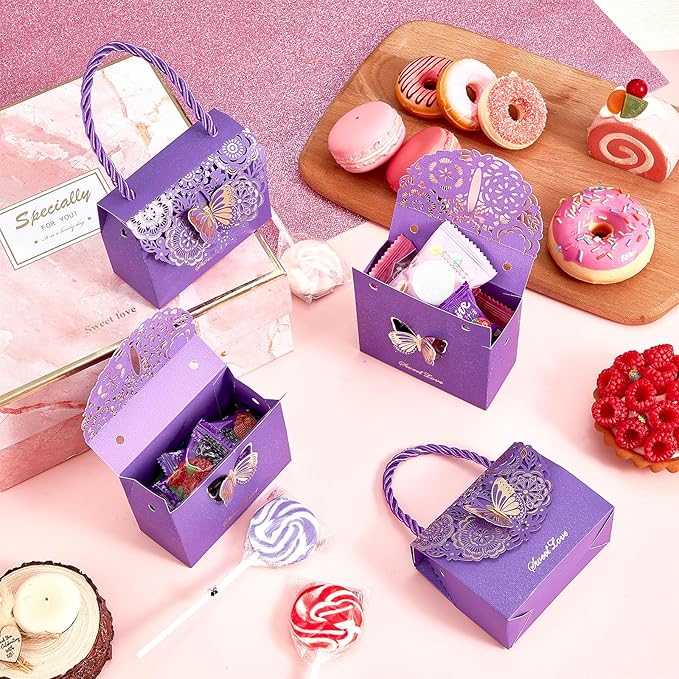 Outus 50 Pcs Butterflies Purse Party Favor Bags Favor Boxes Butterfly Goodie Bags Candy Party Treat Boxes for Wedding, Birthday, Bridal Shower Gift Supplies(Purple)