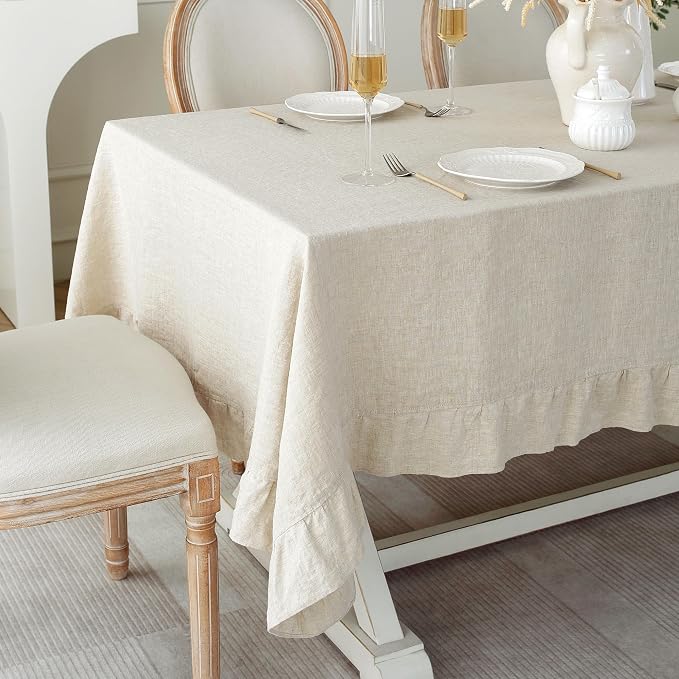 Linen World Ruffle Linen Tablecloth,100% French Linen Natural Tablecloth 120" x 60" Inch,Washable Rectangular Tablecloth for Dining,Outdoor,Weddings and Restaurants,Decorative Thanksgiving Christmas