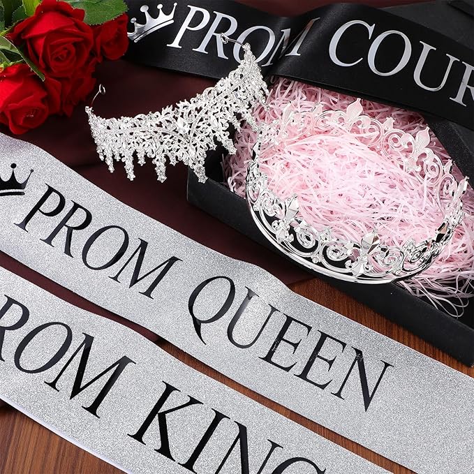 Saintrygo 12 Pcs Prom Crown and Sash Set, Prom King and Queen Tiara Rhinestone Crown Glitter Court Royal Satin Sash for 2026 Graduation Ball Dance Night Party Birthday Accessory(Silver,Classic)