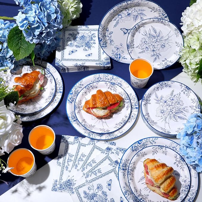 Pickmesh 250 Pcs Blue Floral Party Disposable Tableware Set Paper Plates and Napkins Cups Supplies Tea Party Theme Dinner Dinnerware for Birthday Bridal Baby Shower wedding Decoration Serves 50