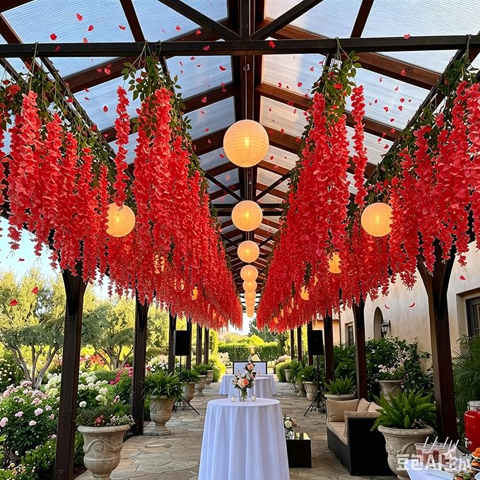 Artificial Wisteria Hanging Flowers Fake Wisteria Flower Garland Silk Vines Rattan Decor for Home Wedding Arch Wall Garden Greenery Bedroom Outdoor Office Party Decoration (12, Red)