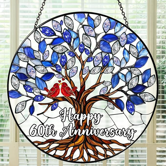 60th Wedding Anniversary Stained Glass Suncatcher, 6x6' Diamond Anniversary Decorations, 60th Celebration Marriage Gifts for Parents, Couple, Wife & Husband, 60 Wedding Milestone Keepsake