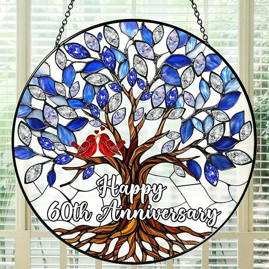 60th Wedding Anniversary Stained Glass Suncatcher, 6x6' Diamond Anniversary Decorations, 60th Celebration Marriage Gifts for Parents, Couple, Wife & Husband, 60 Wedding Milestone Keepsake