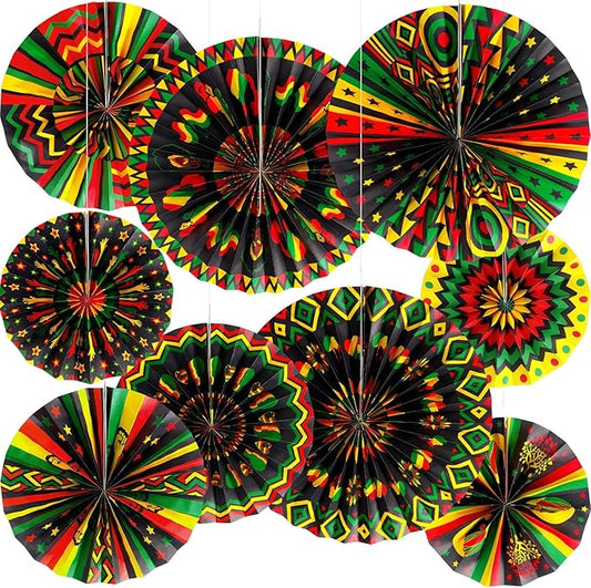 Outus Black History Month Decorations Paper Fans Juneteenth Hanging Paper Fans Kente Ceiling Wall Garland for African American Party Bulletin Board Classroom Decor (9 Pcs,Design)