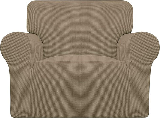 Easy-Going Stretch Chair Sofa Slipcover 1-Piece Couch Sofa Cover Furniture Protector Soft with Elastic Bottom for Kids, Pet. Spandex Jacquard Fabric Small Checks (Chair, Tan)