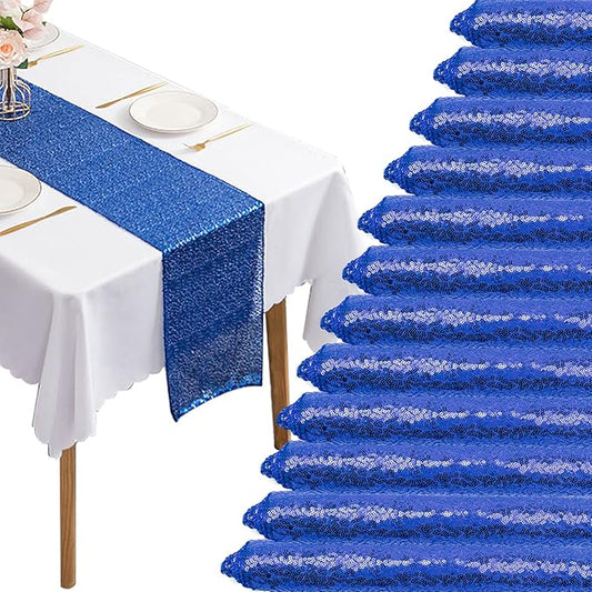 12 Packs 12 X 108 Inch Sequin Table Runner Glitter Dining Table Runner for Birthday Wedding Engagement Bridal Baby Shower Bachelorette Holiday Celebration Party Supplies Decorations (Royal Blue)