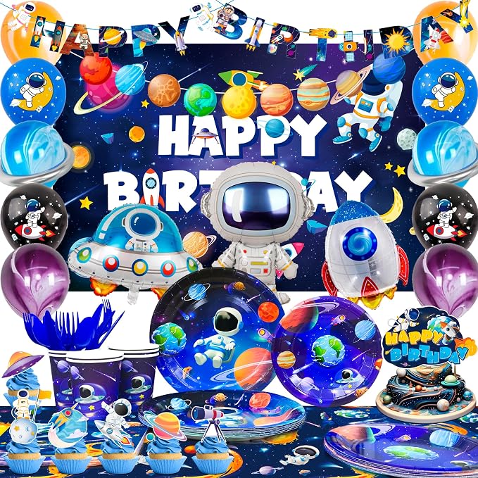132pcs Space Birthday Party Decorations, 16 Guests Outer Space Birthday Tableware Set Outer Galaxy Party Plates Solar System Tablecloth Astronaut Balloons etc Space Astronaut Party Decorations