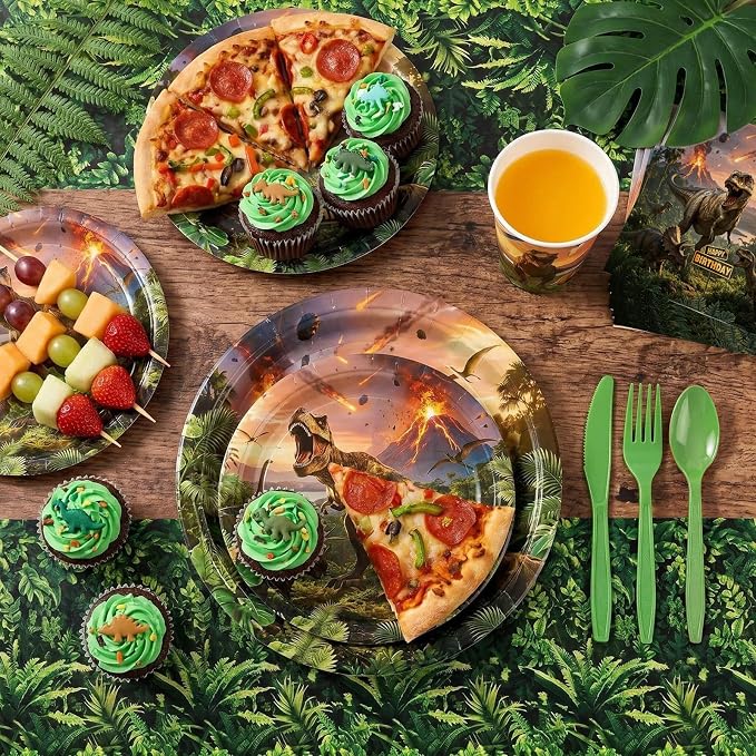 208pcs Dinosaur Plates Napkins Party Supplies Dino Disposable Tableware Set Include Plates Napkins Cups Cutlery Balloon Cake Topper Banner Hanging Swirl Tablecloths for Dino Party Decorations Serve 24