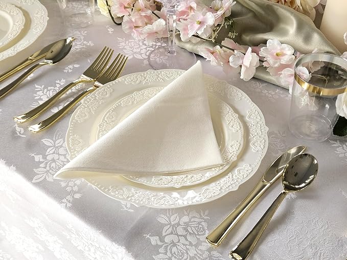 OCCASIONS 240 Pack (120 Guests) Fancy Vintage Disposable Plastic Plates Set, Heavy Duty Wedding Party Dinnerware, 120x10.25" Dinner, 120x7.5" Salad/Dessert, BPA Free, China-Like Look (Portofino Ivory)