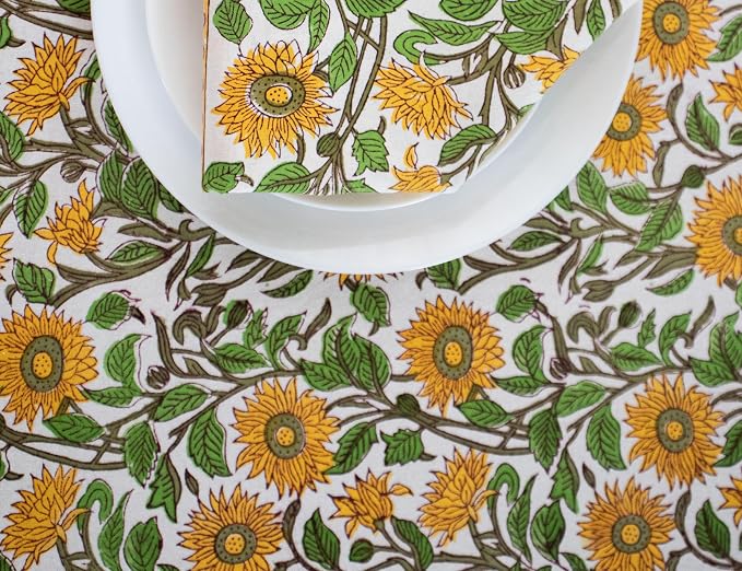 Yellow Block Print Table Cloth- 60x90 Inch Rectangle 100% Cotton Handmade Pre-Shrink, Washable for Spring, Kitchen & Dining Perfect for Chirstmas, Patio, Indoor & Outdoor, Farmhouse