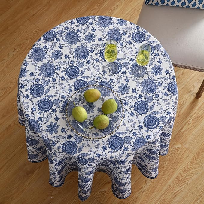 patdrea Elegant French Linen Tablecloth,Round,Diameter 55"-Lantang A | Vintage Elegant Table Cloth for Round Table,Blue and White Floral Print,for Dining Room Tea Party Thanksgiving
