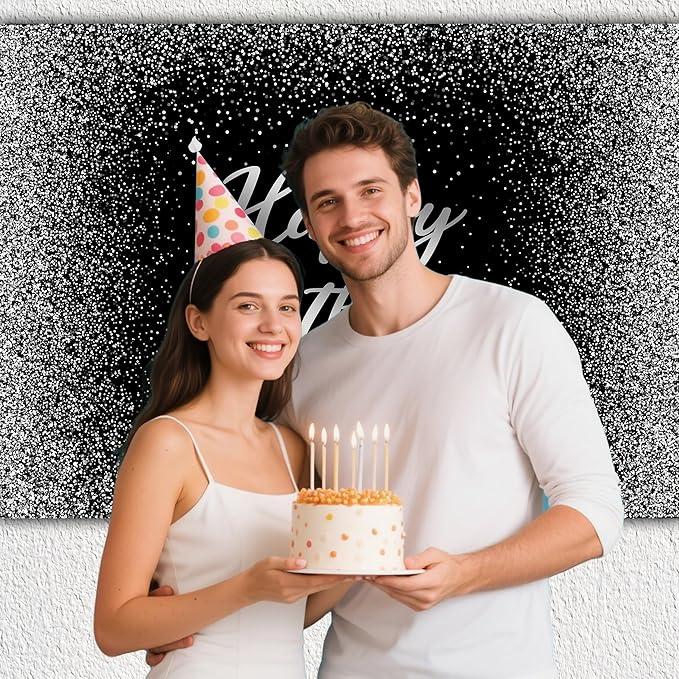 Birthday Photography Backdrop 10 x 8 ft Black and Silver Glitter Spots Happy Birthday Background Sign Cake Table Decorations Banner for Women Men Adults Kids Birthday Party Supplies