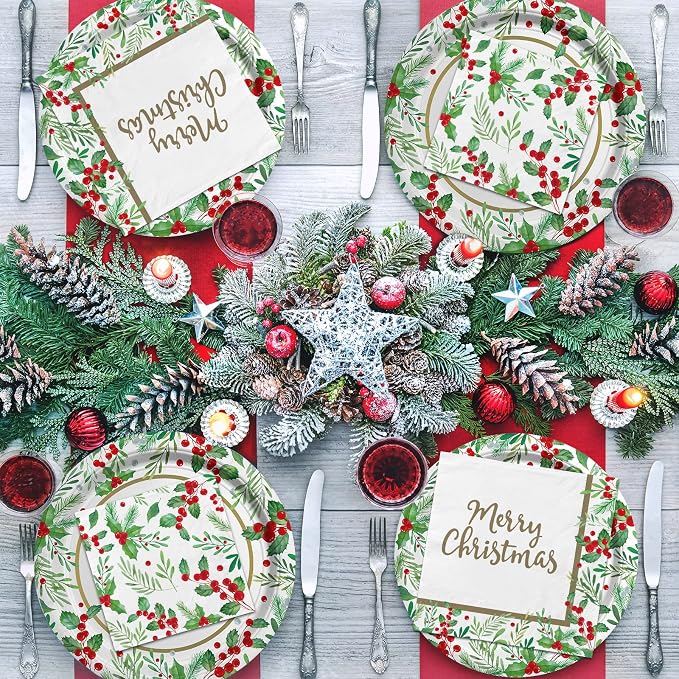 Christmas Party Supplies, Serve 50, Christmas Seasonal Holly Tableware Includes: Paper Dinner Plates, Dessert Plates, Luncheon Napkins and Beverage napkins, Great for Party Decorations