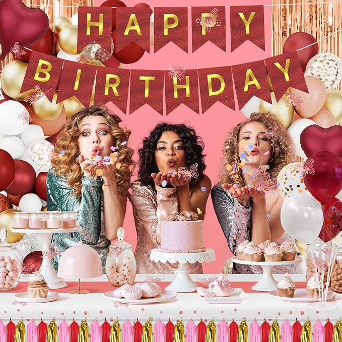 Burgundy Happy Birthday Decorations for Women,296pcs Burgundy Balloons Birthday Decorations for Girl Kit Disposable Dinnerware Set with 25 Guest, Balloons, Banner, Fringe Curtain,Butterfly Decorations