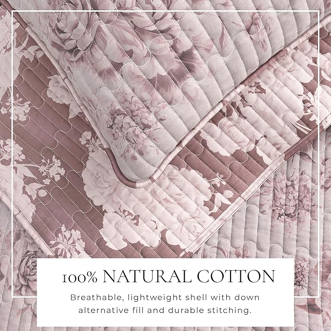 Great Bay Home Twin/Twin XL 100% Cotton Quilt Set with Shams - Vintage Pink Floral Prints - Lightweight, Breathable, All-Season Bedding - 2-Piece Twin Bed Set (Dusty Rose)