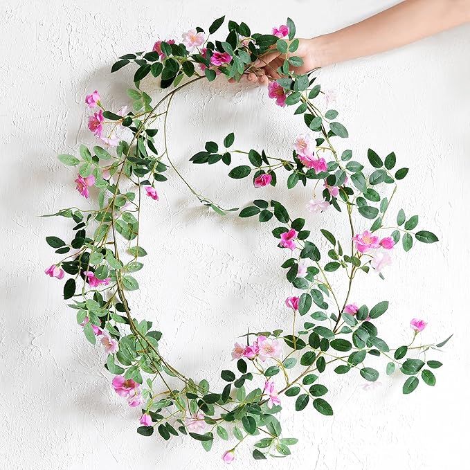 FiveSeasonStuff Fuchsia Pink Wild Rose Vine Garland, Two Faux Silk Floral Garlands with Greenery, Bendable Decorative Vines 12 ft Total