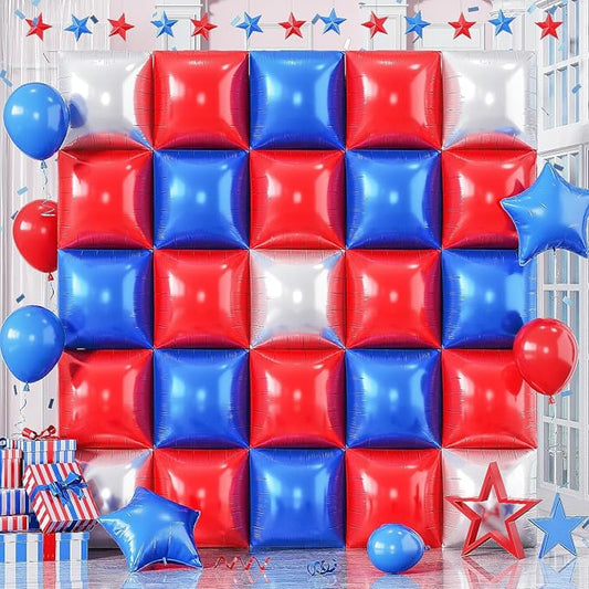 Blue Red Square Balloon Foil, 25PCS Double Sided Royal Blue Red and Metallic Silver Square Foil Balloon Backdrop Wall for 4th of July Independence Day Memorial Day Baseball Sport Birthdays Graduation