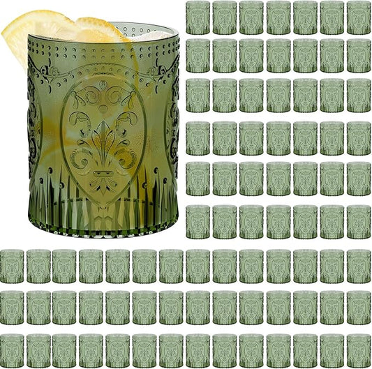Qinyoung 100 Plastic Vintage Drinking Glasses 8.5oz Stemless Retro Embossed Wine Glasses Shatterproof Reusable Cups for Baby Shower Wedding Reception Grand Event Party (Dark Green)