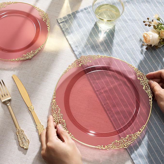 Goodluck 250 PCS Vintage Translucent Burgundy & Gold Rim Plastic Plates with Cutlery Set - Serves 50 - Heavy Duty Elegant Disposable Dinnerware for Thanksgiving, Fall Wedding, Holiday