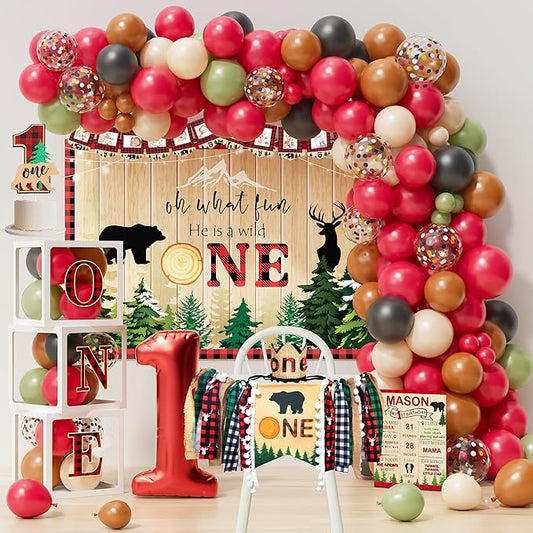 YJDFWAUT Lumberjack First Birthday Decorations, Lumberjack 1st Birthday Party Supplies, Buffalo Plaid Monthly Photo Banner Highchair Banner First Bday Crown for Boys Wild One Bday Decorations