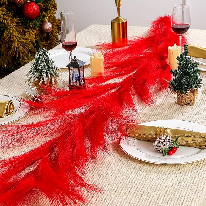 2025 2 Pcs 6 ft Christmas Tree Garland Decoration Pampas Grass Garland Faux Artificial Fabric Feathers Boho for Mantle Xmas Tree Home Farmhouse Christmas Holiday Party Supplies(Red)