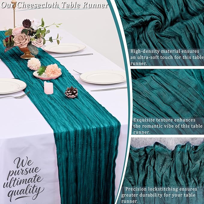 10 Pack Teal Cheesecloth Table Runner 17x108 Inch Semi Sheer Boho Rustic Gauze Cheese Cloth Table Runners for Wedding Party Birthday Baby Shower Home Décor