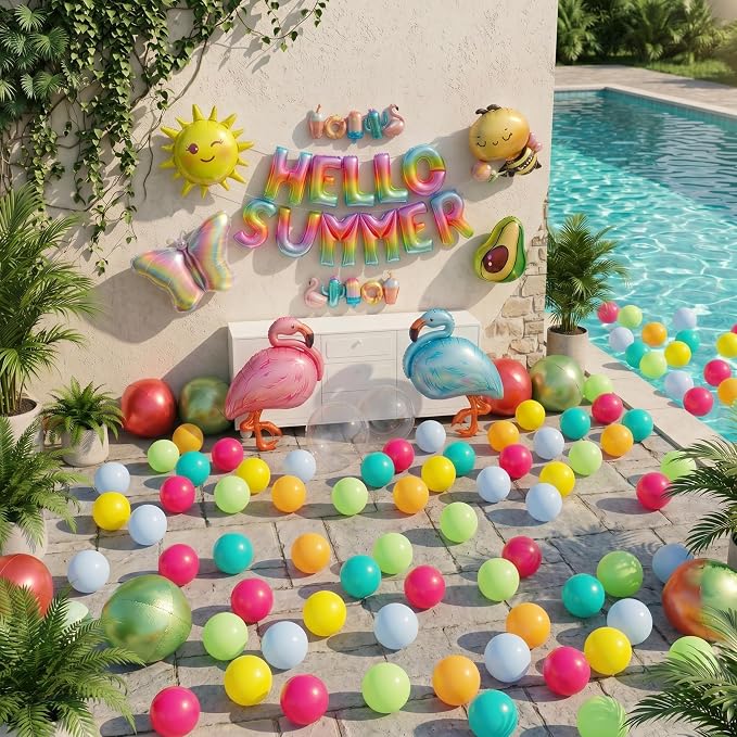 91 PCS "Hello Summer" Foil Balloon Decoration Kit, Tropical Summer Party with Flamingo Bee Butterfly Avocado Mylar Balloons All-in-One Set, Rainbow Letter for Pool Party, Beach Party, Summer Decor