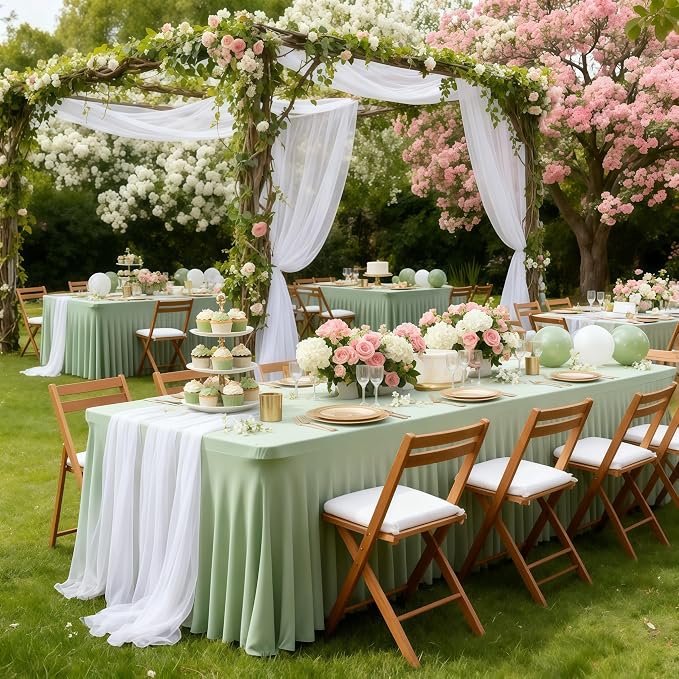 Wish Care 2 Pack Sage Green Spandex Table Clothes for 8 Foot Rectangle Tables, 8FT Wrinkle Free Fitted Tablecloths Ruffles Design Table Cloth for Party, Banquet, Wedding and Events