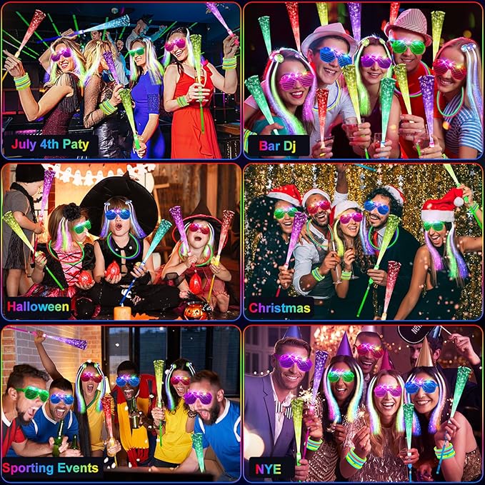 OLUPP 148 PCS Glow in the Dark Party Supplies, 16 Fiber Optic Wands, 14 LED Glasses, 100 Glow Sticks and 18 LED Hair Clips Fiber Optic for Neon Party, Wedding, Birthday, Concert, New Year