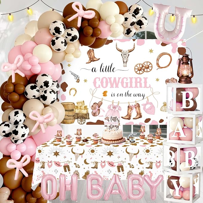 Cowgirl Baby Shower Decorations for Girl - Western Theme Party Supplies Include Balloon Garland Arch Kit, Backdrop, Tablecloth, 4 Boxes, Horseshoe Foil Balloon - A Little Cowgirl is on the Way Pink