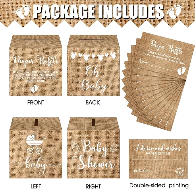 Teling 51 Pieces Diaper Raffle Tickets with Card Box Baby Shower Decorations Baby Shower Holder Box for Girl Boy Diaper Raffle Party(Burlap Grain Print)