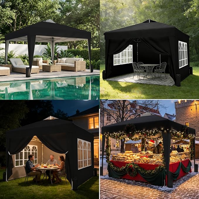 10x10 Pop Up Canopy Tent with Sidewalls x 4 – Easy Setup Canopy Tent, Waterproof, UV-Resistant, Portable with Carry Bag for Outdoor Events, Camping, and Backyard Parties – Black