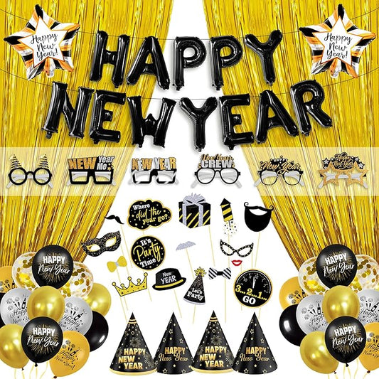 KatchOn, New Years Eve Party Supplies 2026 - Huge, Set of 110 | Black Happy New Year Balloon Banner | New Years Photo Booth Props, Gold Fringe Curtain Backdrop | NYE Decorations 2026