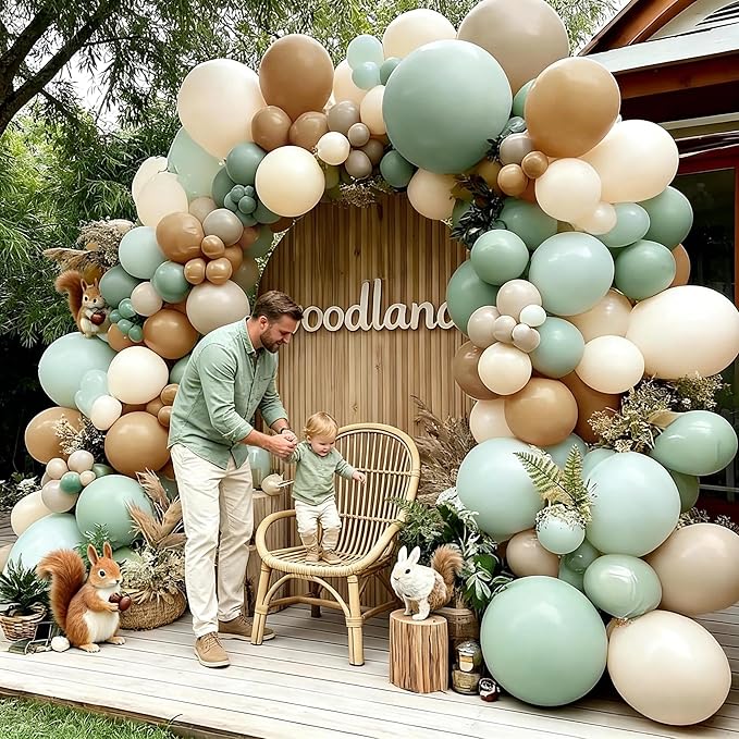 Dusty Green Tan Balloon Arch Kit Double Stuffed, Light Sage Green White Sand Brown Apricot Pastel Neutral Balloon Garland for Boho Baby Shower Birthday Wedding Woodland Wild One Gender Reveal Party