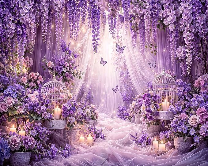 20x10ft Purple Butterfly Floral Backdrop for Photography Butterfly Flowers Girls Party Decorations Background Wedding Birthday Baby Shower Party Cake Table Decor Banner Photo Booth Props