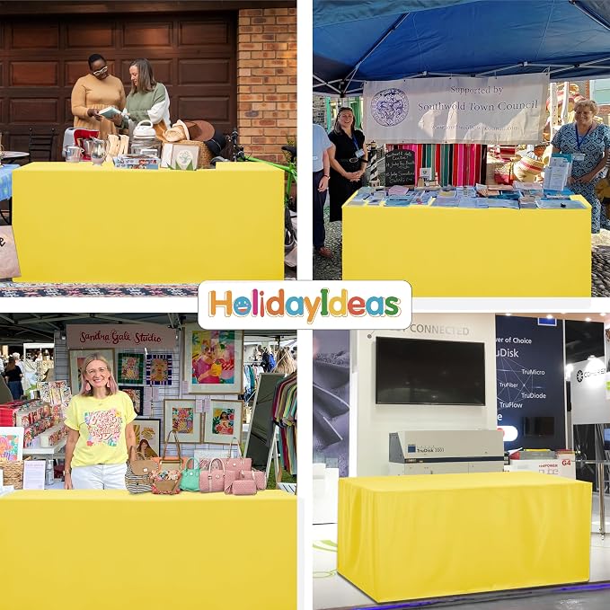 HolidayIdeas 4-Pack 4ft Yellow Rectangle Craft Shows Fitted Tablecloth | Wrinkle resistant table covers; bulk quantity pack for professional trade exhibition displays or vendor booths