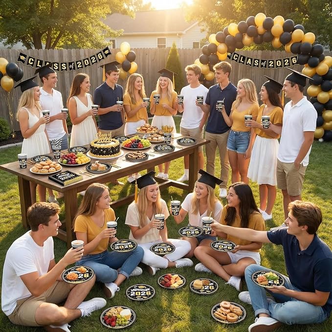 2026 Graduation Party Supplies 168PCS Black Gold Graduation Tableware Set Serves 24 Guests, Disposable Plates Cups Napkins Cutlery for Graduation Deco