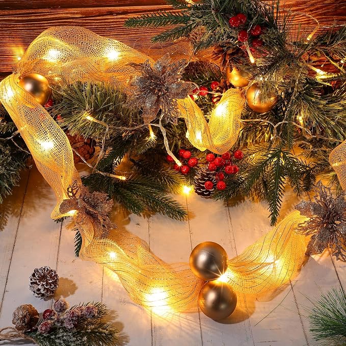 Hollowfly 16.4 ft Christmas Tree Ribbon Garland Mesh with Lights Decor Mesh Christmas Ball Garland Poinsettia Flower Hanging Ornament for Mantle Front Door Xmas Decoration(Champagne Gold)