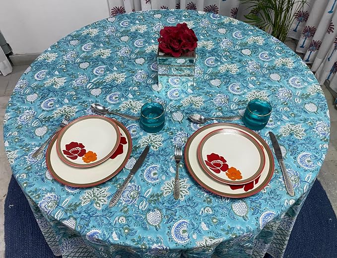 Ridhi Round Tablecloth Hand Block Print 100% Cotton Reusable Turquoise & Steel Blue 110 Inch Table Cover Decorative Everyday Use for Dining, Home, Wedding, Farmhouse Gift for Spring, Mother's Day
